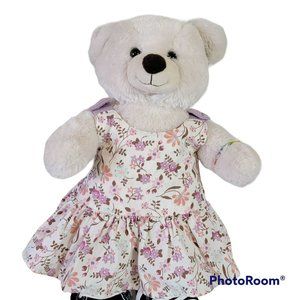 Build A Bear with Black & White Skates.  Cream Color Teddy Bear, Floral Dress